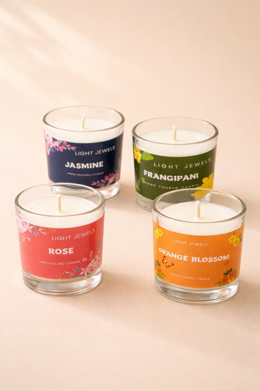 Set Of 4 Floral Soy Wax Glass Candle Votives | Scented Candles – Candles & Fragrances on Brown Living™. SKU: SN2574. Img 2.