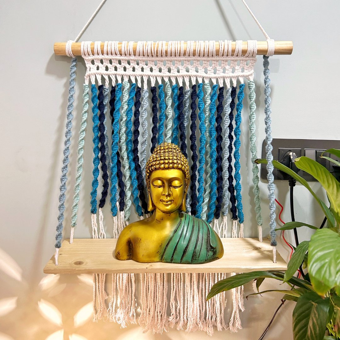 Shades of Blue Macrame Wall Shelf – Wall Decor on Brown Living™. SKU: SAR138. Img 1.