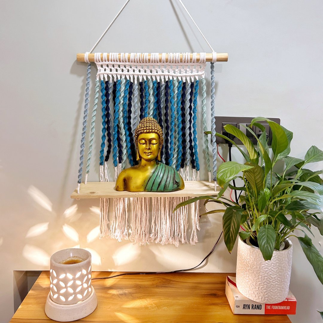Shades of Blue Macrame Wall Shelf – Wall Decor on Brown Living™. SKU: SAR138. Img 2.