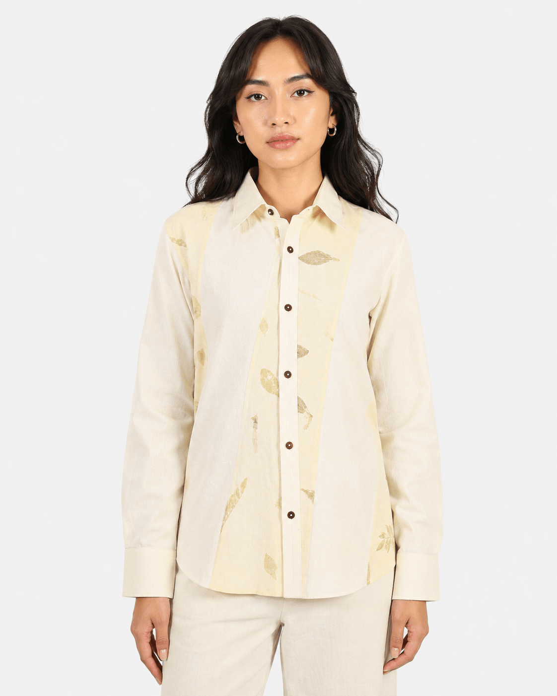 Shadow Leaf Cotton Shirt – Nature Inspired Soft Cotton Casual Shirt – Womens Shirt on Brown Living™. SKU: ACL2026002. Img 4.