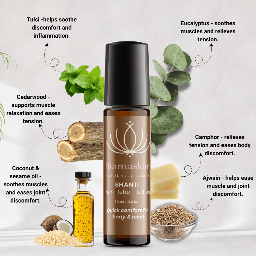 Shanti Pain Relief Roll On | Ayurvedic Muscle & Joint Relief Oil |10ml – Body Oil on Brown Living™. SKU: SHA-WEL-1-NAM. Img 4.