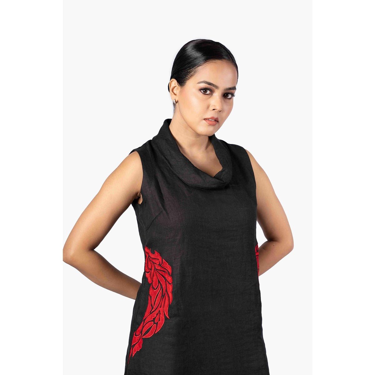 Shyama Charcoal Black Cowl Neck Dress With Red Applique Work – Womens Dress on Brown Living™. SKU: HD1015XSN. Img 2.