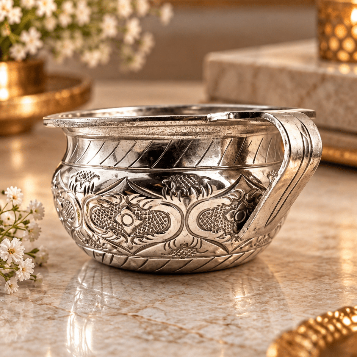 Silver Plated Heritage Bowl | Dry Fruit & Festive Decor – Plates & Bowls on Brown Living™. SKU: D-492. Img 1.
