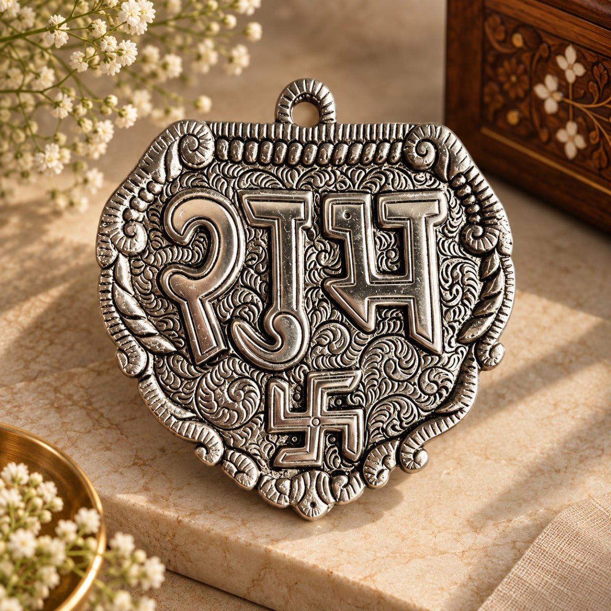 Silver Plated Palm Shape Shubh Labh | Diwali & Pooja Decor – Home Decor on Brown Living™. SKU: D-494. Img 5.