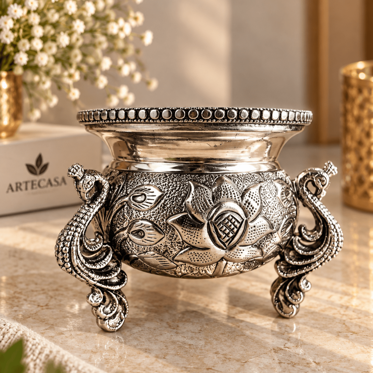 Silver Plated Peacock Bowl | Heritage Decorative Bowl – Plates & Bowls on Brown Living™. SKU: D-489. Img 2.