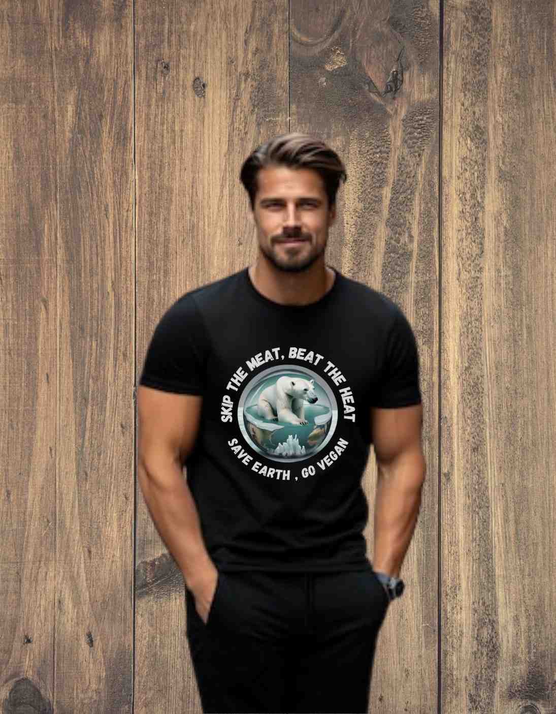 Skip The Meat Beat The Heat T-Shirt | Men's Cotton Graphic Tee – Mens T-Shirt on Brown Living™. SKU: N-skip-the-meat-beat-the-heat-t-shirt-Black-S. Img 1.