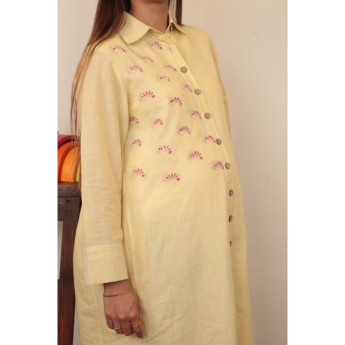 Snappy Shrimp Cotton Maternity Dress | Soft Yellow Pregnancy Wear – Womens Maternity Wear on Brown Living™. SKU: MCBL118. Img 2.