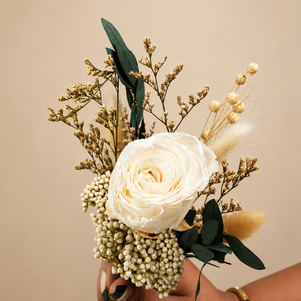 Snow Petal Dried Flower Bouquet | White Decorative Floral Arrangement – Vases on Brown Living™. SKU: V-409. Img 1.