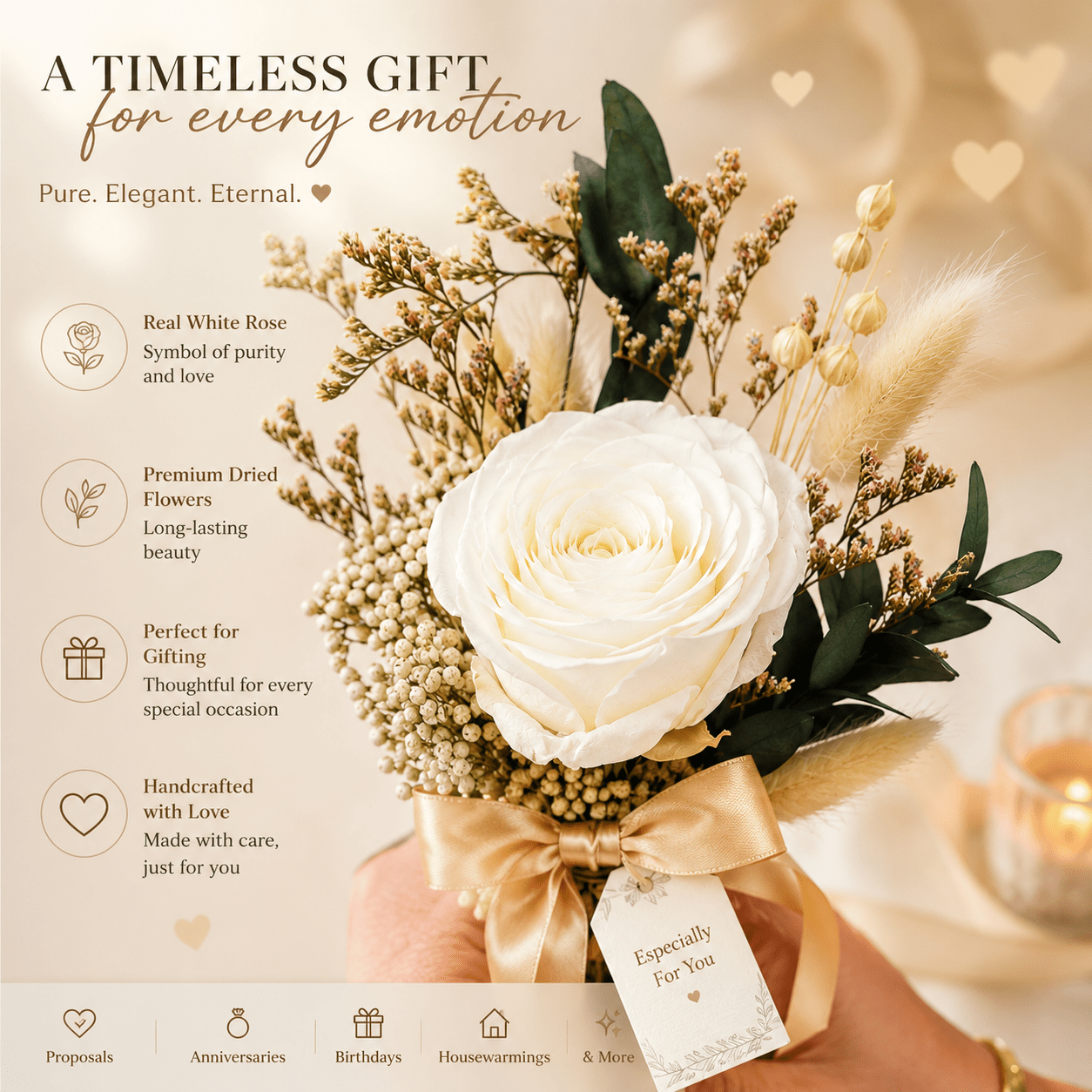 Snow Petal Dried Flower Bouquet | White Decorative Floral Arrangement – Vases on Brown Living™. SKU: V-409. Img 3.