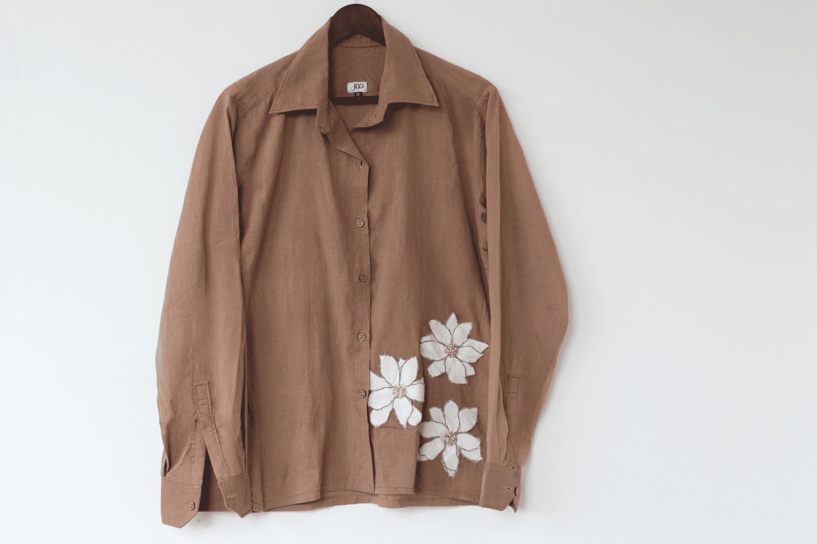Soft Bloom Beige Applique Shirt | Women’s Elegant Casual Top – Womens Shirt on Brown Living™. SKU: SH17. Img 2.