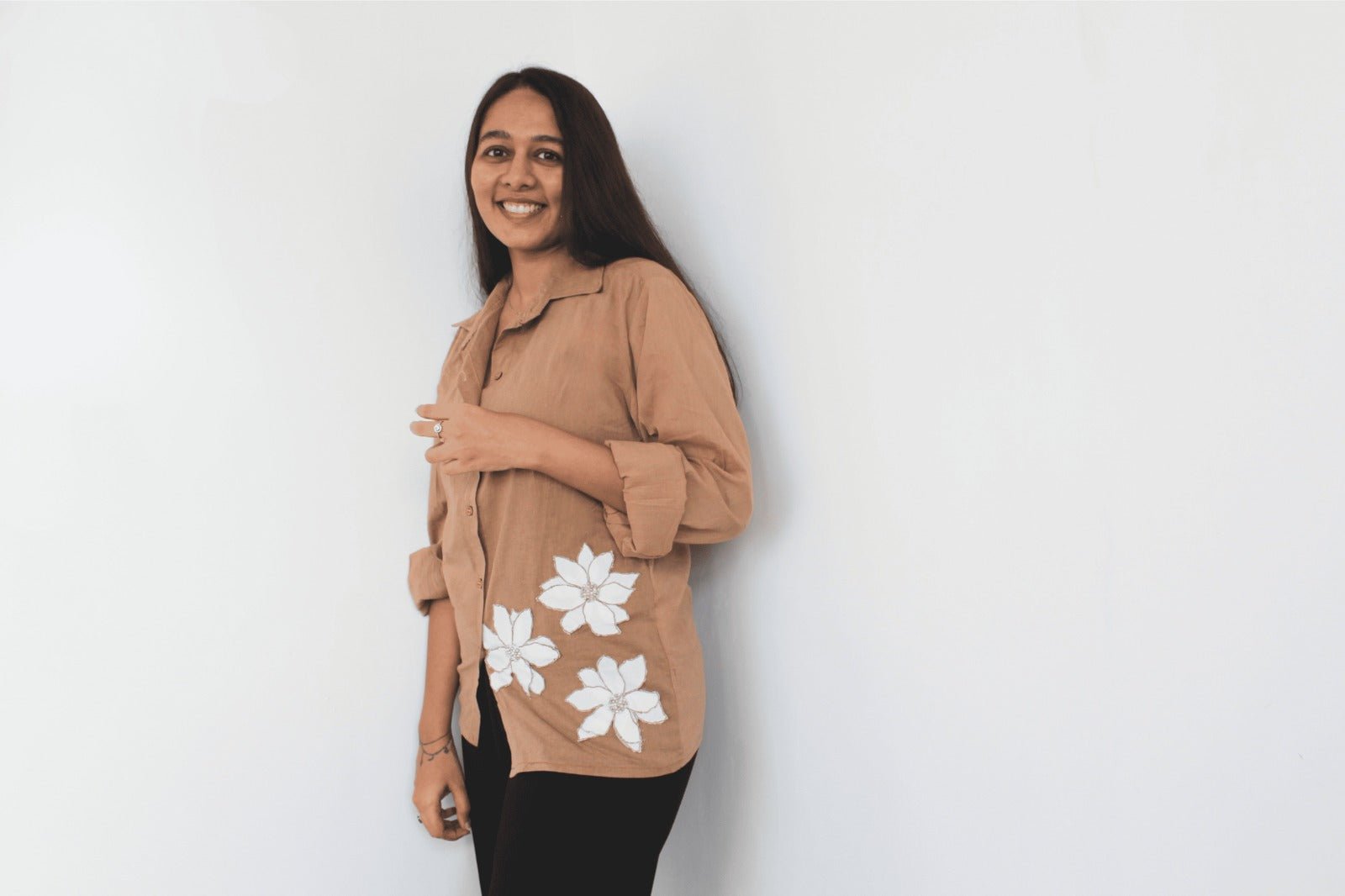 Soft Bloom Beige Applique Shirt | Women’s Elegant Casual Top – Womens Shirt on Brown Living™. SKU: SH17. Img 1.