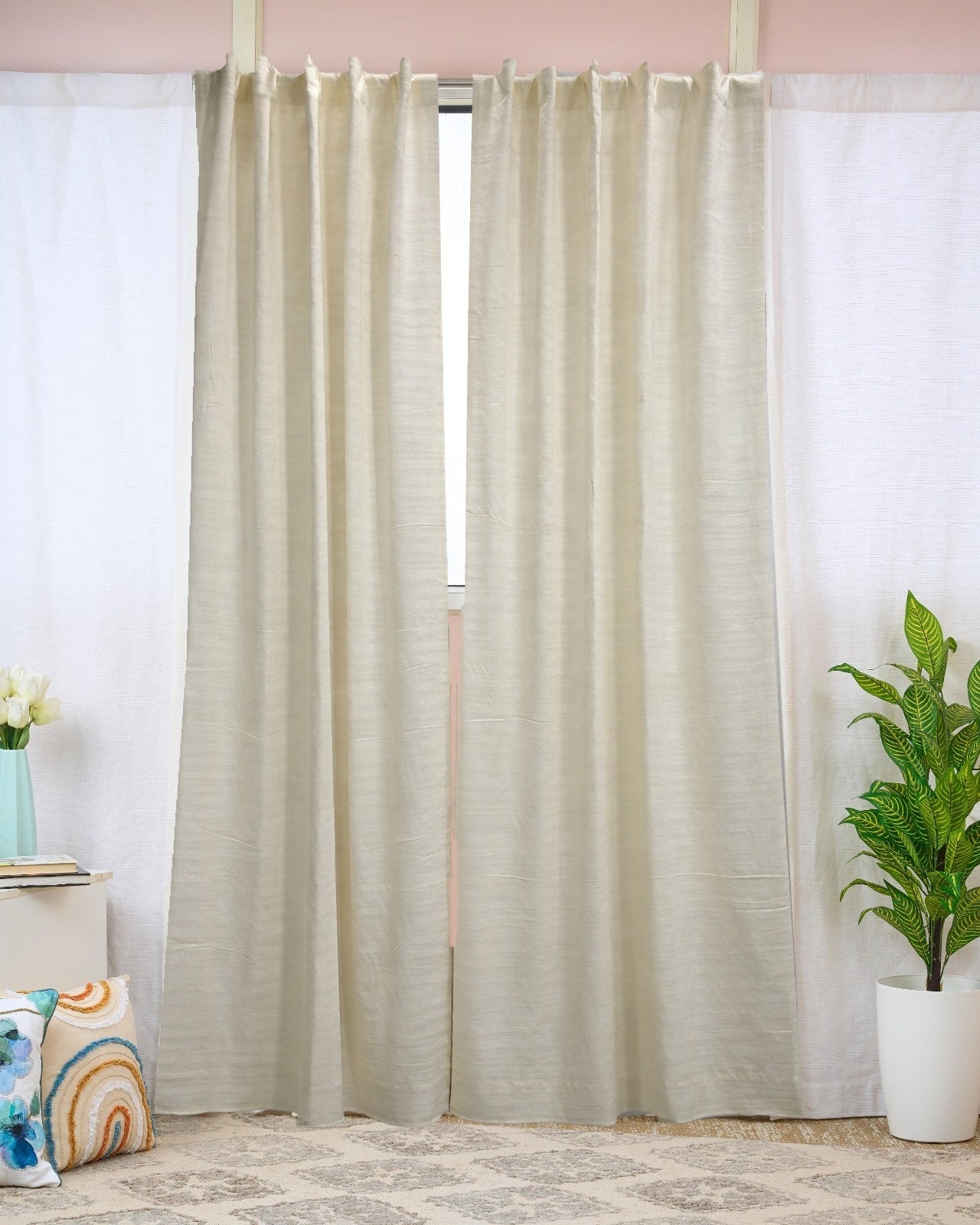 Soft Cotton Curtains For Living & Bedroom| Plain Beige Window Curtains – Curtains on Brown Living™. SKU: SHCT-250614. Img 1.