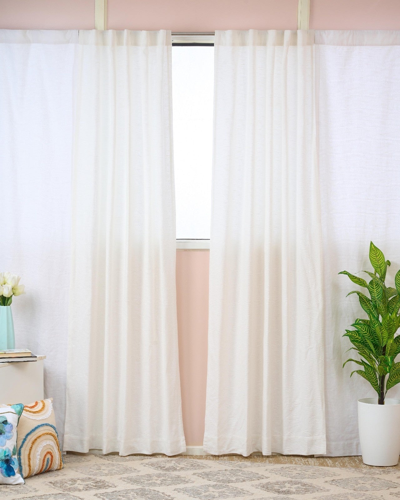 Soft Cotton Curtains For Living & Bedroom | White | 243 x 121 cm – Curtains on Brown Living™. SKU: SHCT-250612-L1. Img 1.