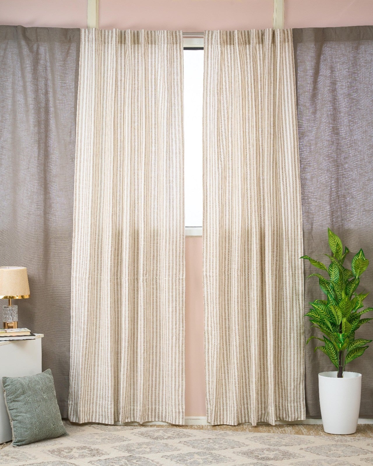 Soft Cotton Striped Curtains For Living & Bedroom | Window Drapes – Curtains on Brown Living™. SKU: SHCT-250613-B2. Img 1.