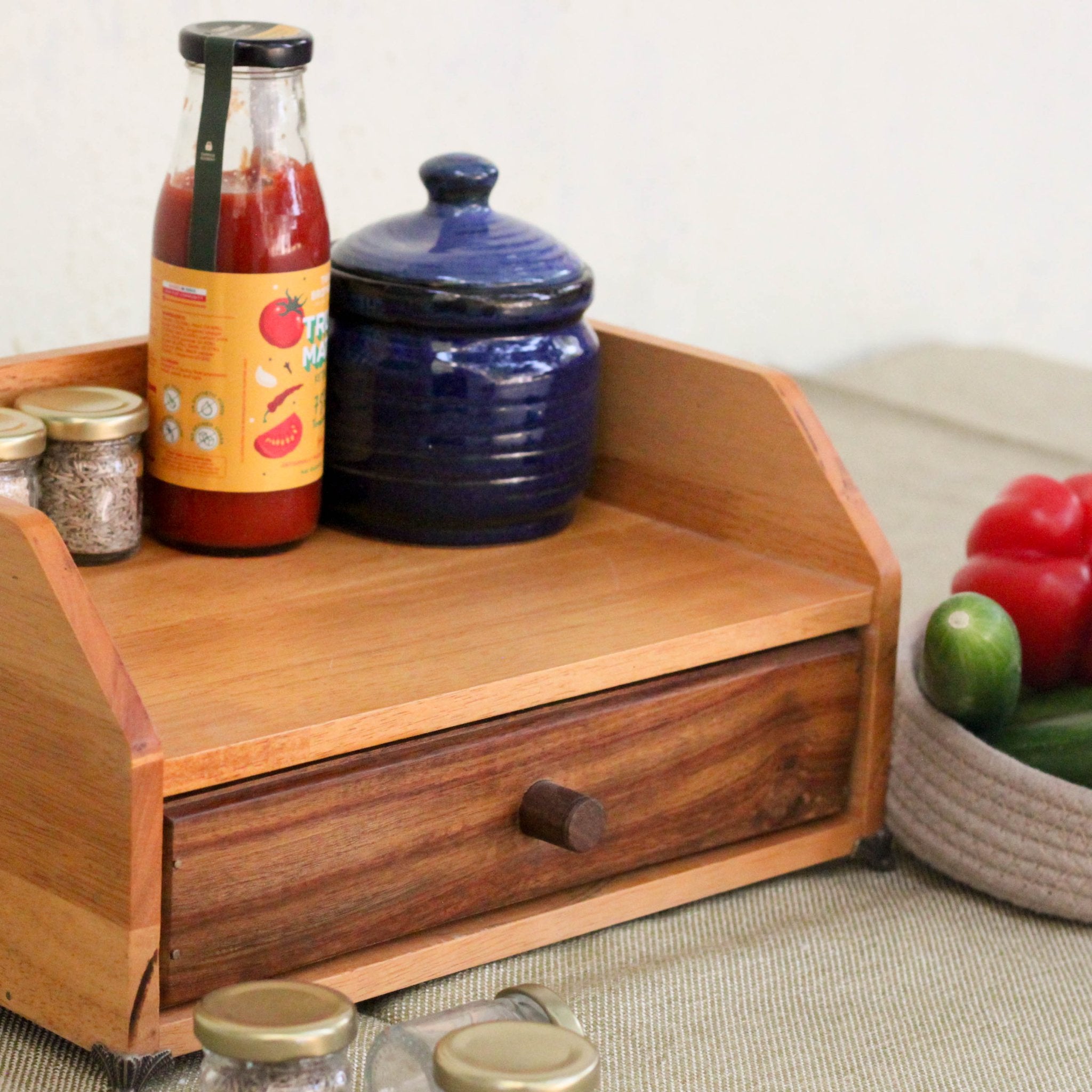 Solid Wood Chestnut Organizer | Kitchen Rack with Drawer – Kitchen Organizers on Brown Living™. SKU: BL0105. Img 4.