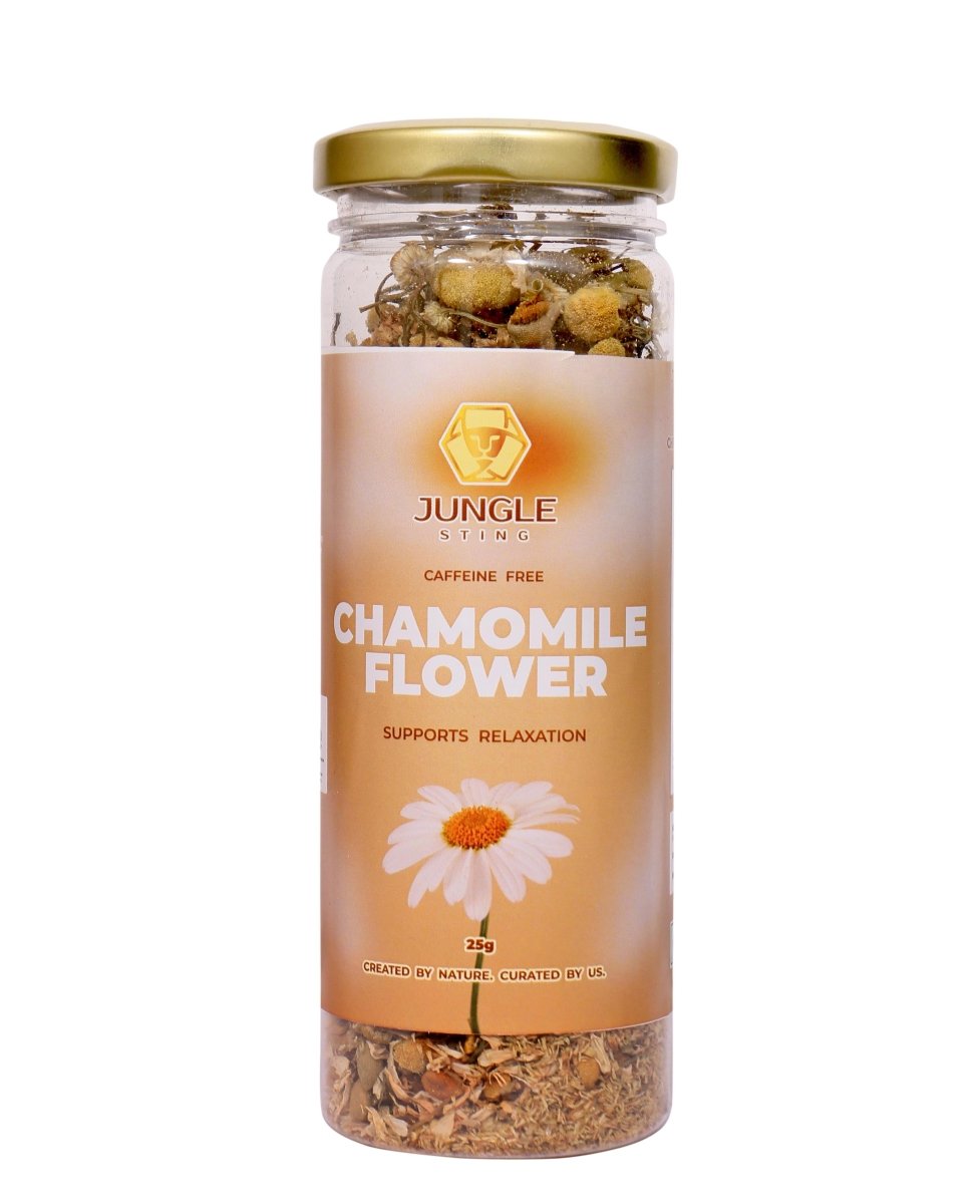 Soothing Chamomile Tea | Sleep Support & Stress Relief Herbal Blend – Tea by JUNGLE STING available on Brown Living™. . SKU: JSCHAMOMILE. Img 1.