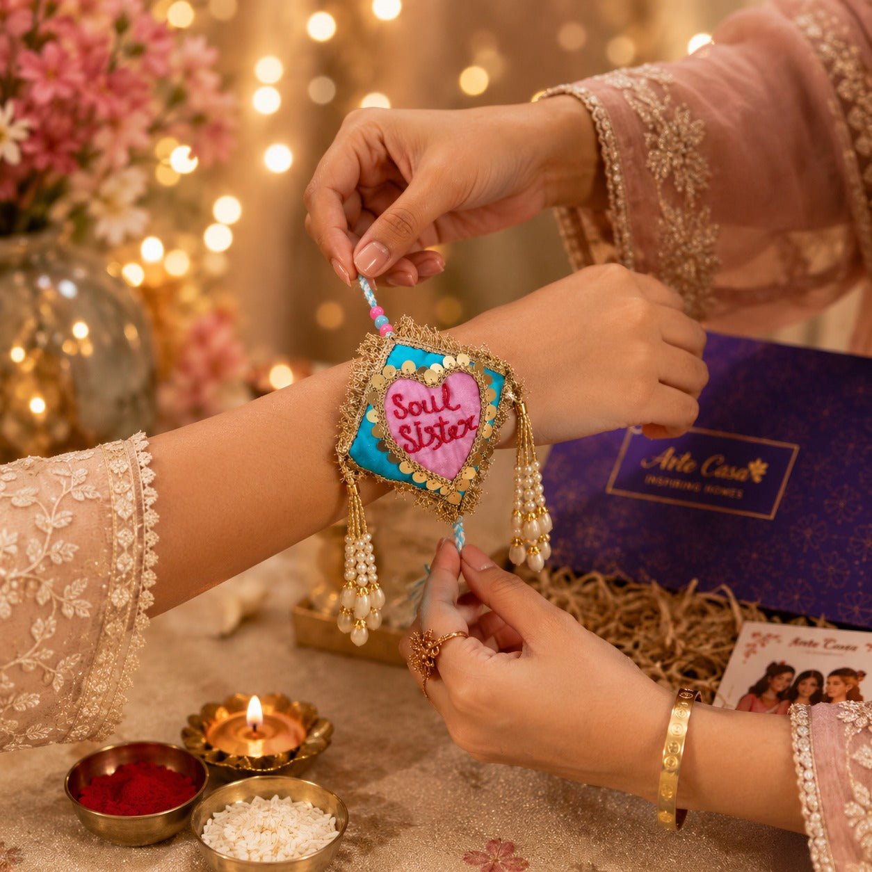 Soul Sister Rakhi | Handmade Designer Rakhi for Raksha Bandhan – Gift Hampers on Brown Living™. SKU: Rkh-18. Img 1.
