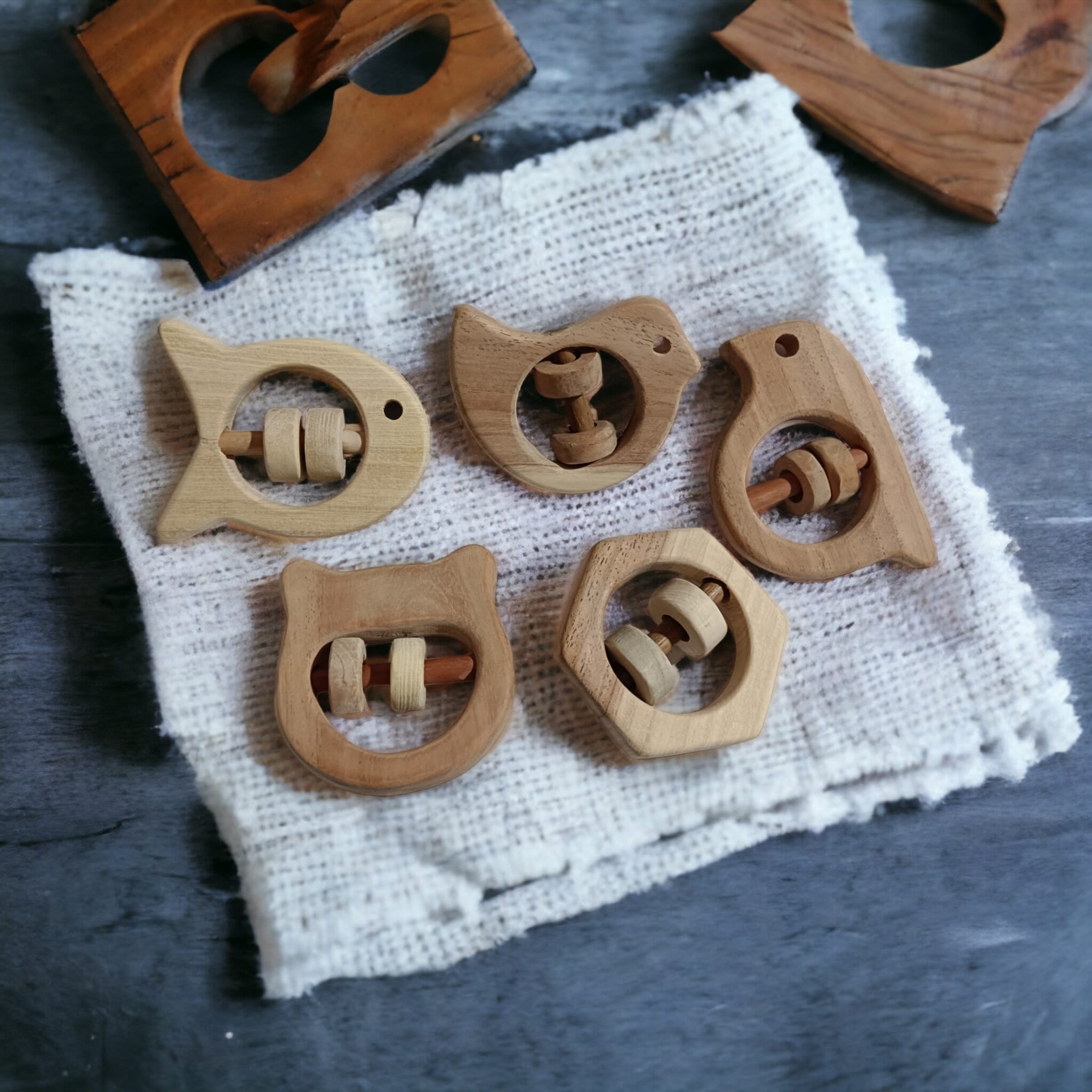 Soundmaking Rattles – Sparrow, Dove, Fish, Hippo & Hexagon Shapes – Baby Rattles on Brown Living™. SKU: R_SET5. Img 8.