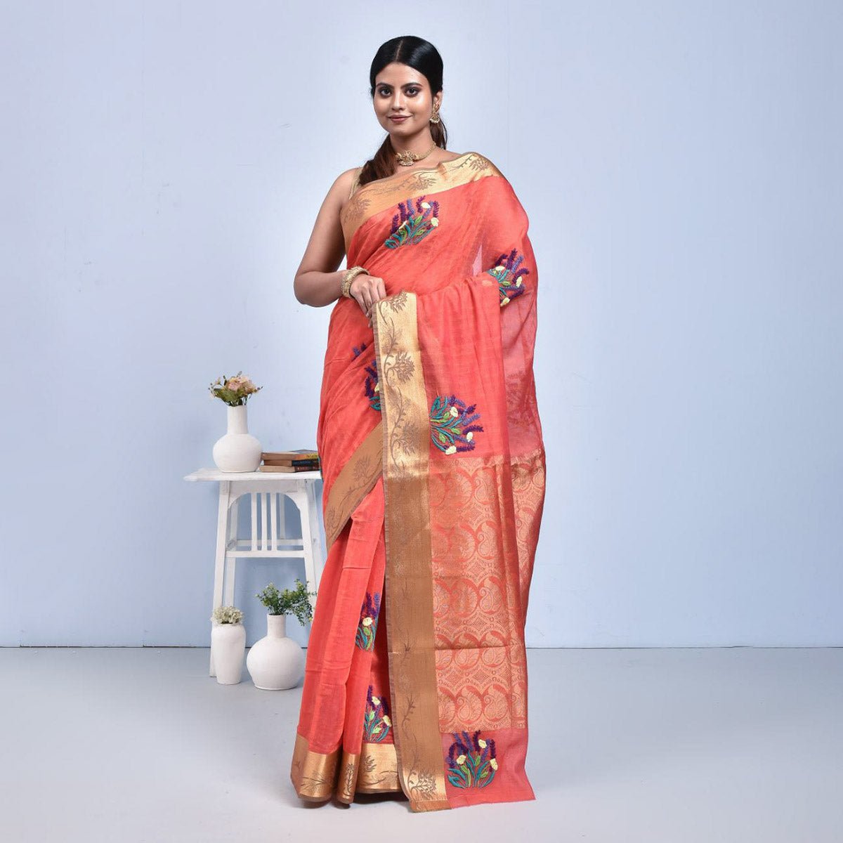 South Cotton Saree with Hand Embroidery – Womens Saree on Brown Living™. SKU: ST-SOUTHCOT-BRICK-06. Img 19.