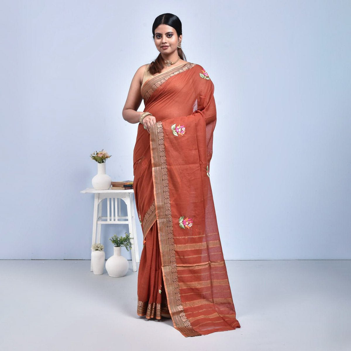 South Cotton Saree with Hand Embroidery – Womens Saree on Brown Living™. SKU: ST - SOUTHCOT - LBROWN - 10. Img 22.