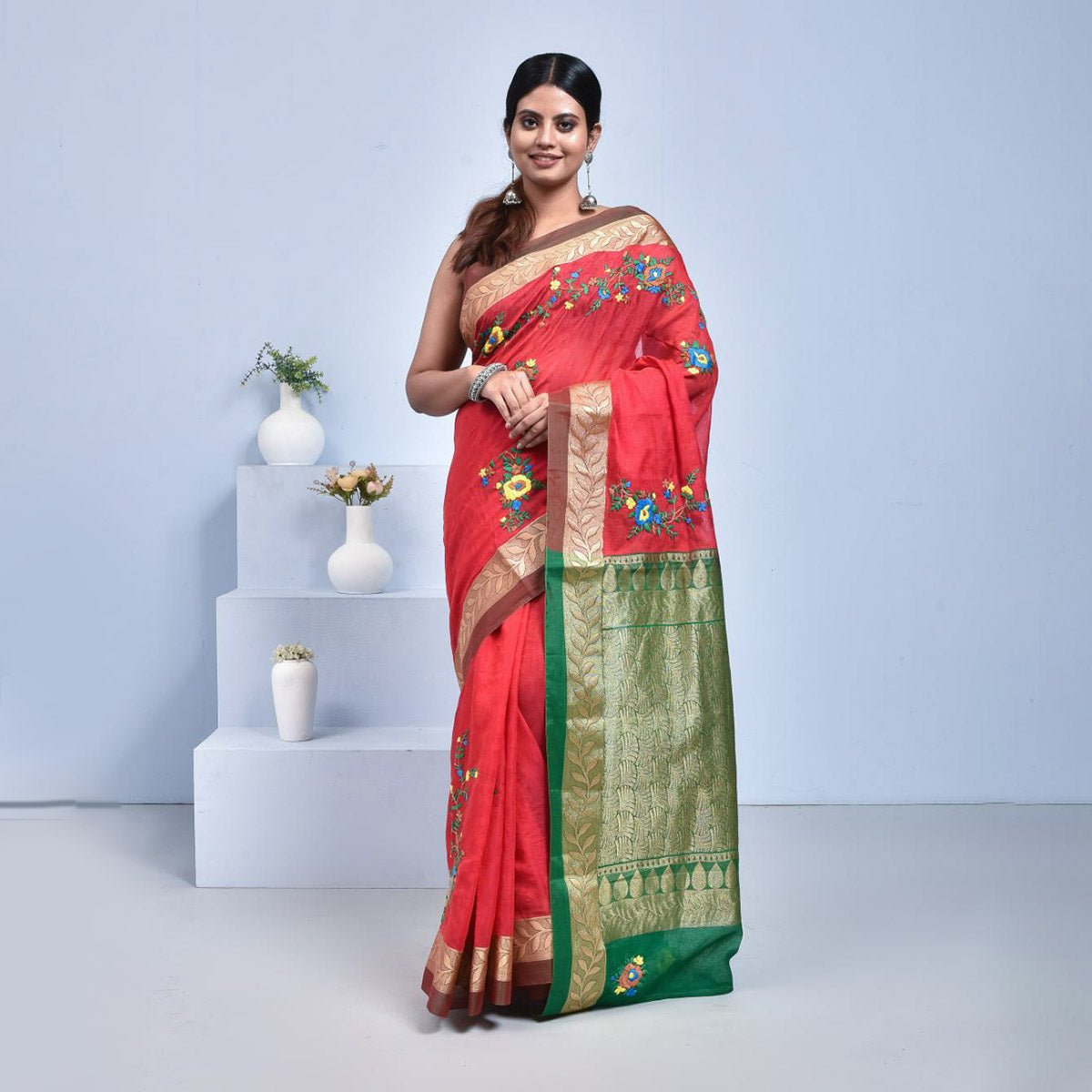 South Cotton Saree with Hand Embroidery – Womens Saree on Brown Living™. SKU: ST-SOUTHCOT-RED-05. Img 18.