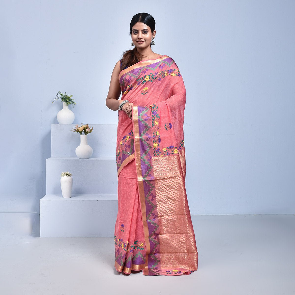 South Cotton Saree with Hand Embroidery – Womens Saree by Stotra available on Brown Living™. Peach . SKU: ST - SOUTHCOT - PEACH - 07. Img 7.