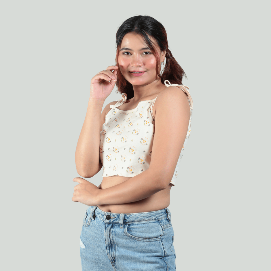 Spring Is Here Noodle Straps Cotton Crop Top – Womens Top on Brown Living™. SKU: 007CROPCREAM-FLORALXS. Img 4.