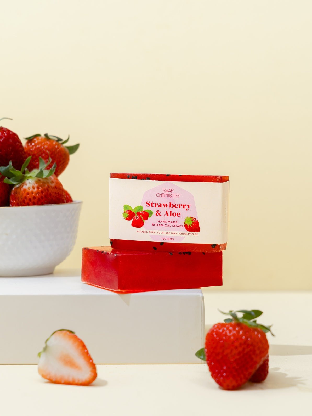 Strawberry & Aloe Soap Bar 125g | Fruity Soothing Bath Soap – Body Soap on Brown Living™. SKU: SC-16. Img 1.