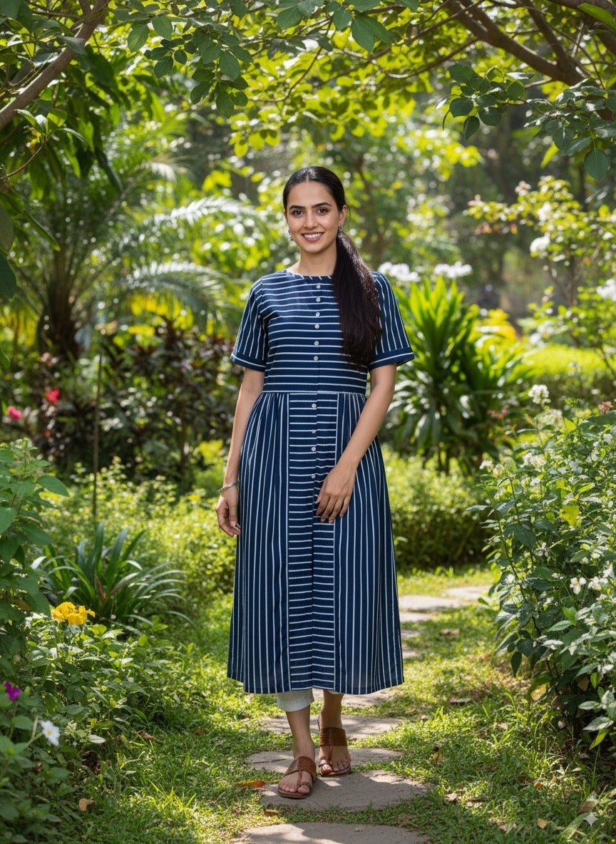 Striped Indigo Cotton Midi Dress – Comfortable & Elegant – Womens Dress on Brown Living™. SKU: MD22008. Img 1.
