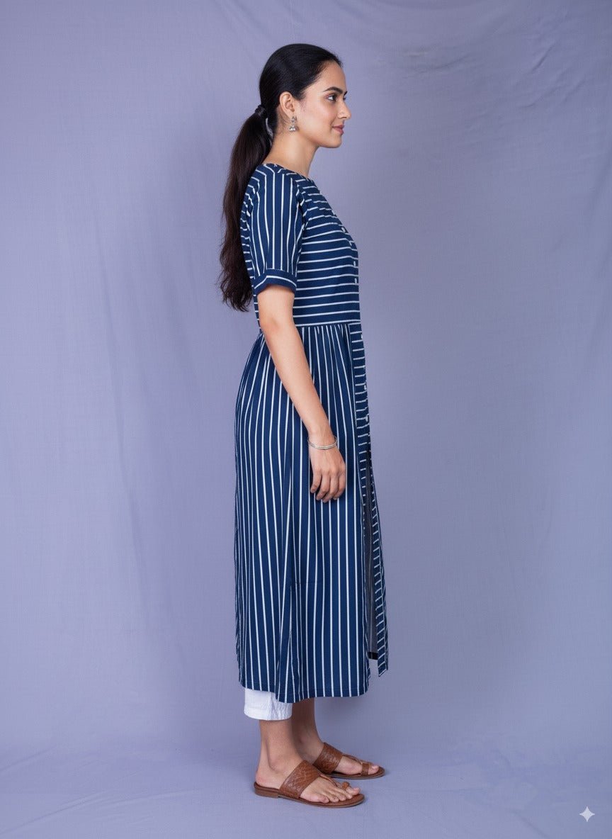 Striped Indigo Cotton Midi Dress – Comfortable & Elegant – Womens Dress on Brown Living™. SKU: MD22008. Img 5.