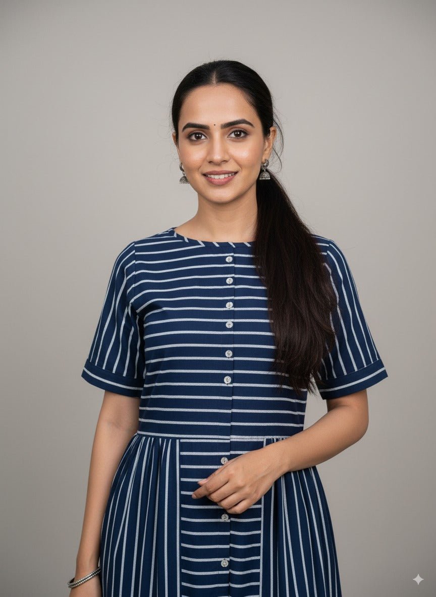 Striped Indigo Cotton Midi Dress – Comfortable & Elegant – Womens Dress on Brown Living™. SKU: MD22008. Img 4.
