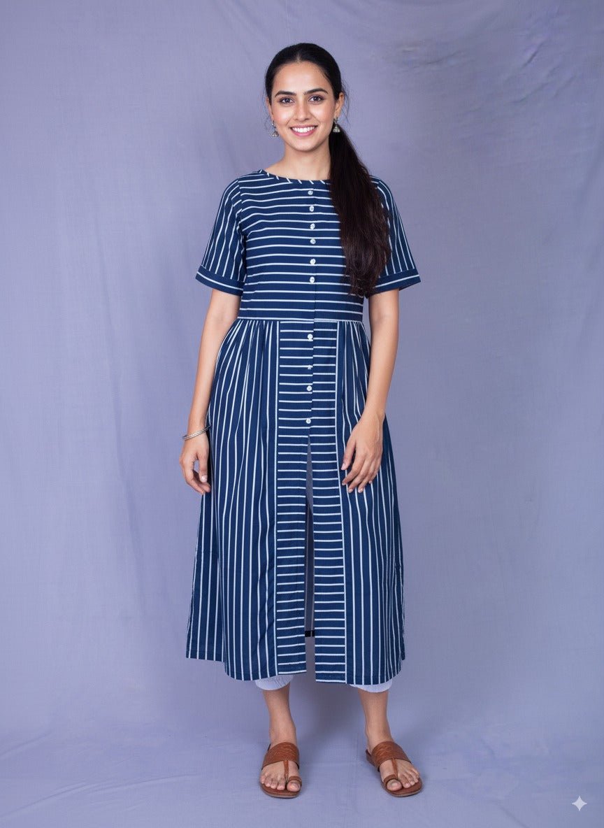 Striped Indigo Cotton Midi Dress – Comfortable & Elegant – Womens Dress on Brown Living™. SKU: MD22008. Img 3.