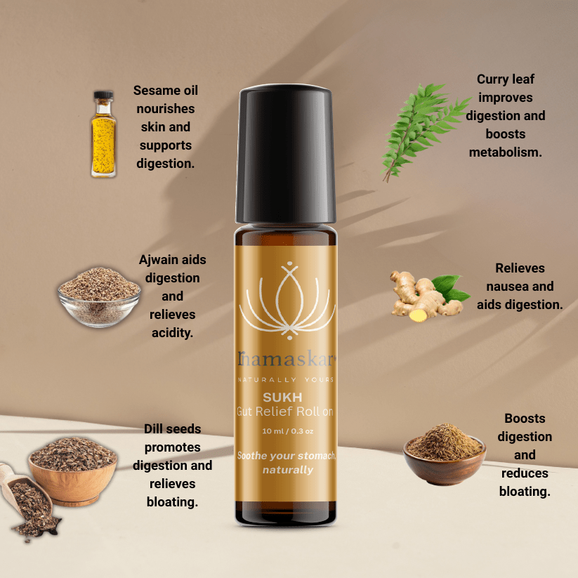 Sukh Gut Relief Roll On | Ayurvedic Digestive Support – Body Oil on Brown Living™. SKU: SHA-WEL-3-NAM. Img 3.