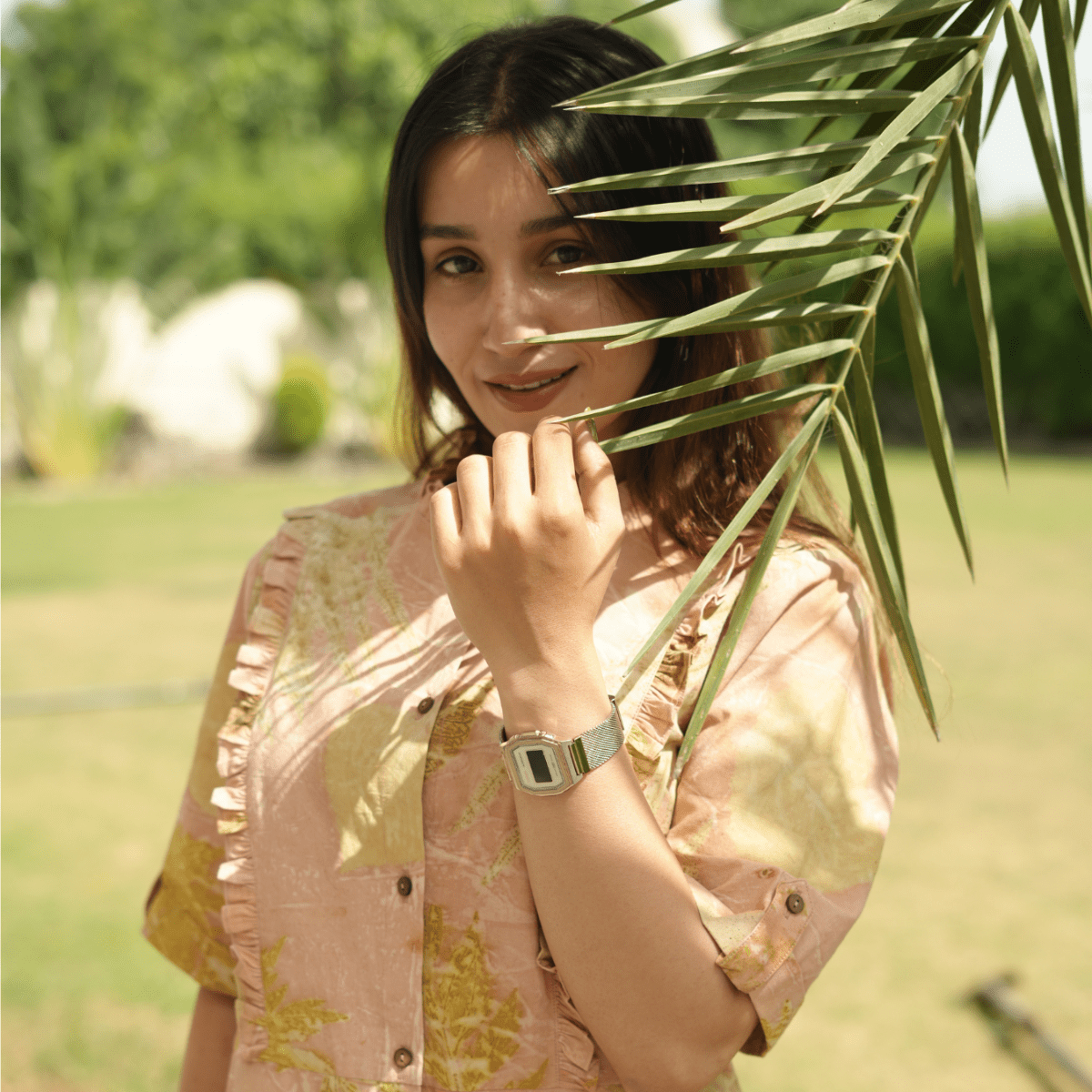 Sunlit Memories Eco - Printed Dress for Women | Handcrafted Cotton – Womens Dress on Brown Living™. SKU: AAYU-00131. Img 2.