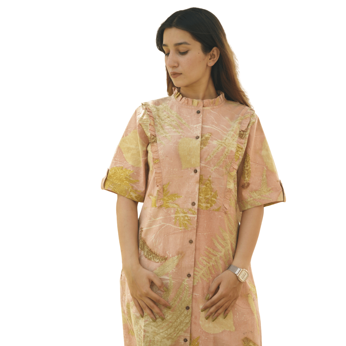 Sunlit Memories Eco - Printed Dress for Women | Handcrafted Cotton – Womens Dress on Brown Living™. SKU: AAYU-00131. Img 1.