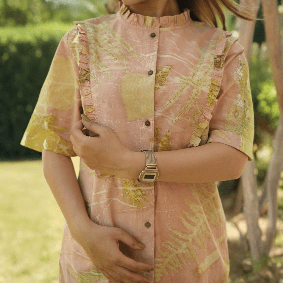 Sunlit Memories Eco - Printed Dress for Women | Handcrafted Cotton – Womens Dress on Brown Living™. SKU: AAYU-00131. Img 4.