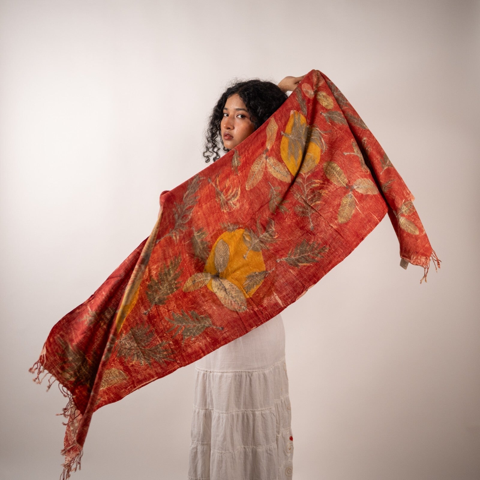 Sunset Eri Silk Scarf – Handcrafted Natural Silk Stole – Womens Scarf on Brown Living™. SKU: scarfsunset. Img 1.