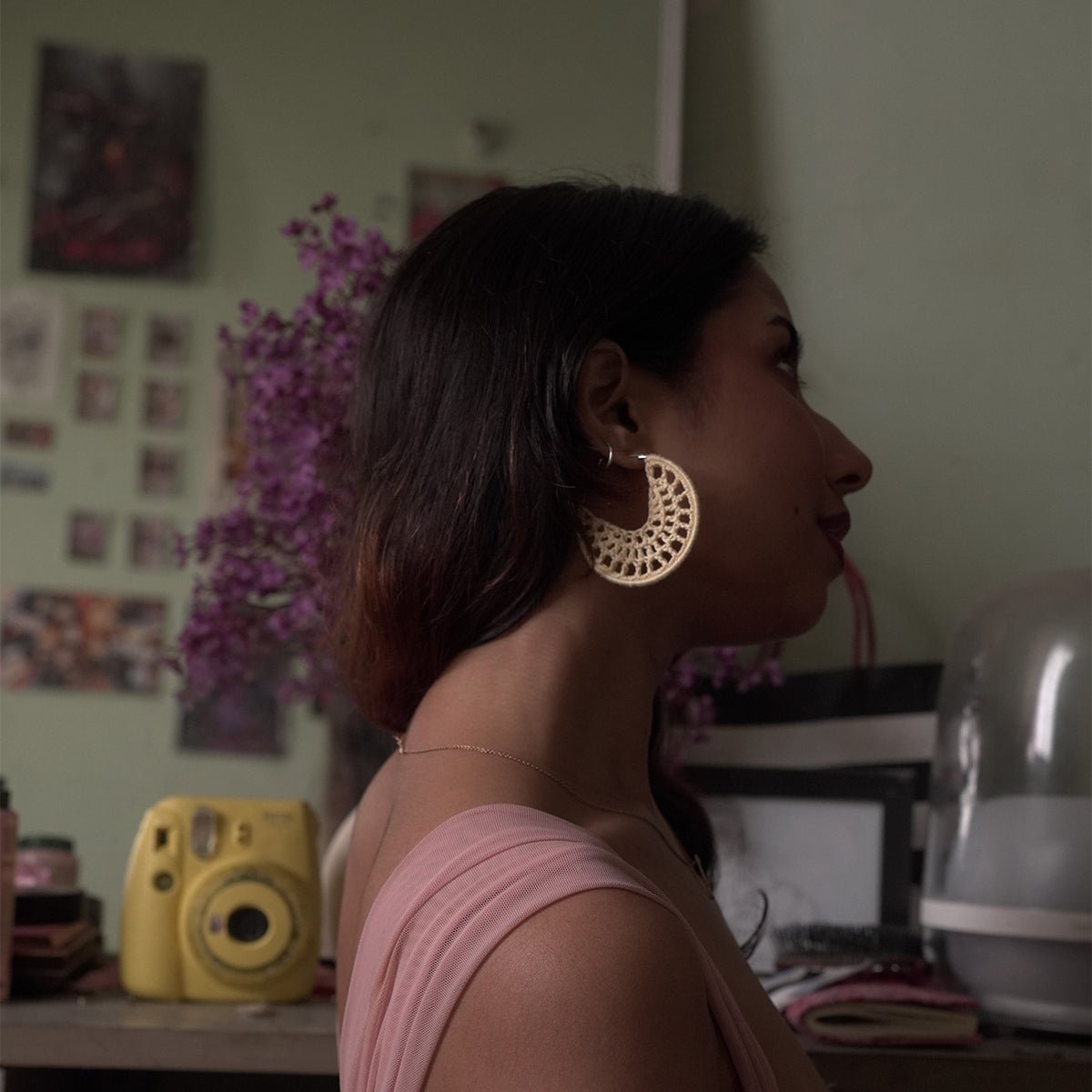 Sunshine Kiss Earrings | Handmade Crochet Statement Earrings – Jewellery on Brown Living™. SKU: AM-EAR-Sunshine. Img 3.