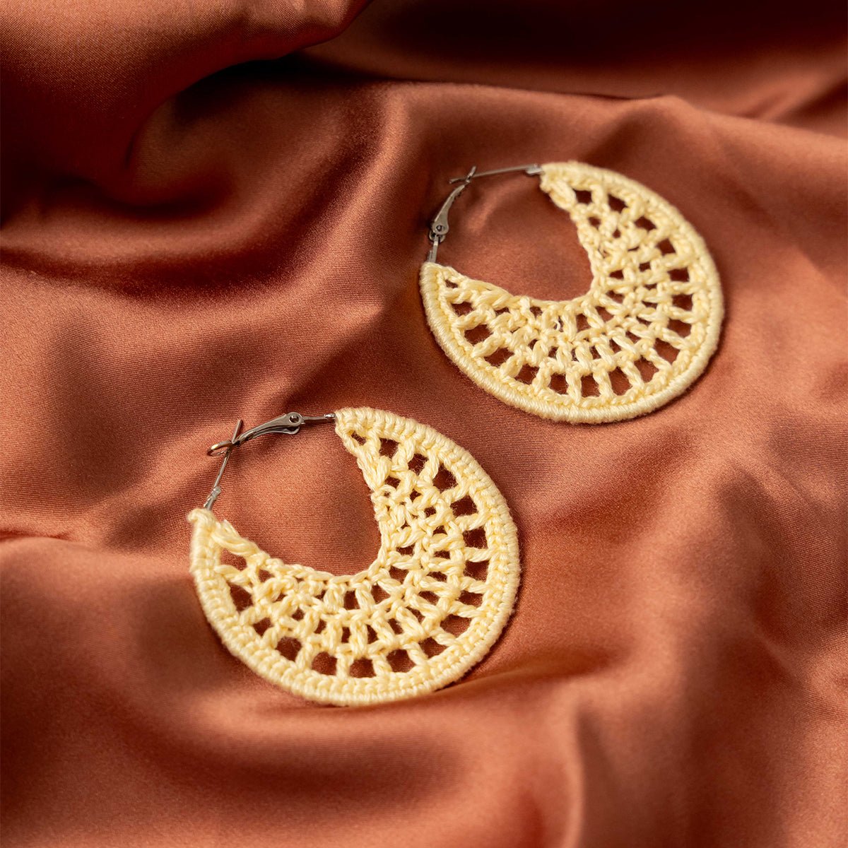 Sunshine Kiss Earrings | Handmade Crochet Statement Earrings – Jewellery on Brown Living™. SKU: AM-EAR-Sunshine. Img 1.