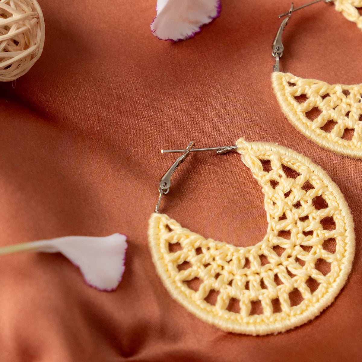 Sunshine Kiss Earrings | Handmade Crochet Statement Earrings – Jewellery on Brown Living™. SKU: AM-EAR-Sunshine. Img 2.