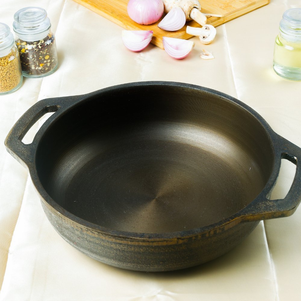 Super Smooth Handmade Cast Iron Flat Bottom Kadai – Cookware on Brown Living™. SKU: CastIron-Flat-Kadai-2700g-packof1. Img 1.