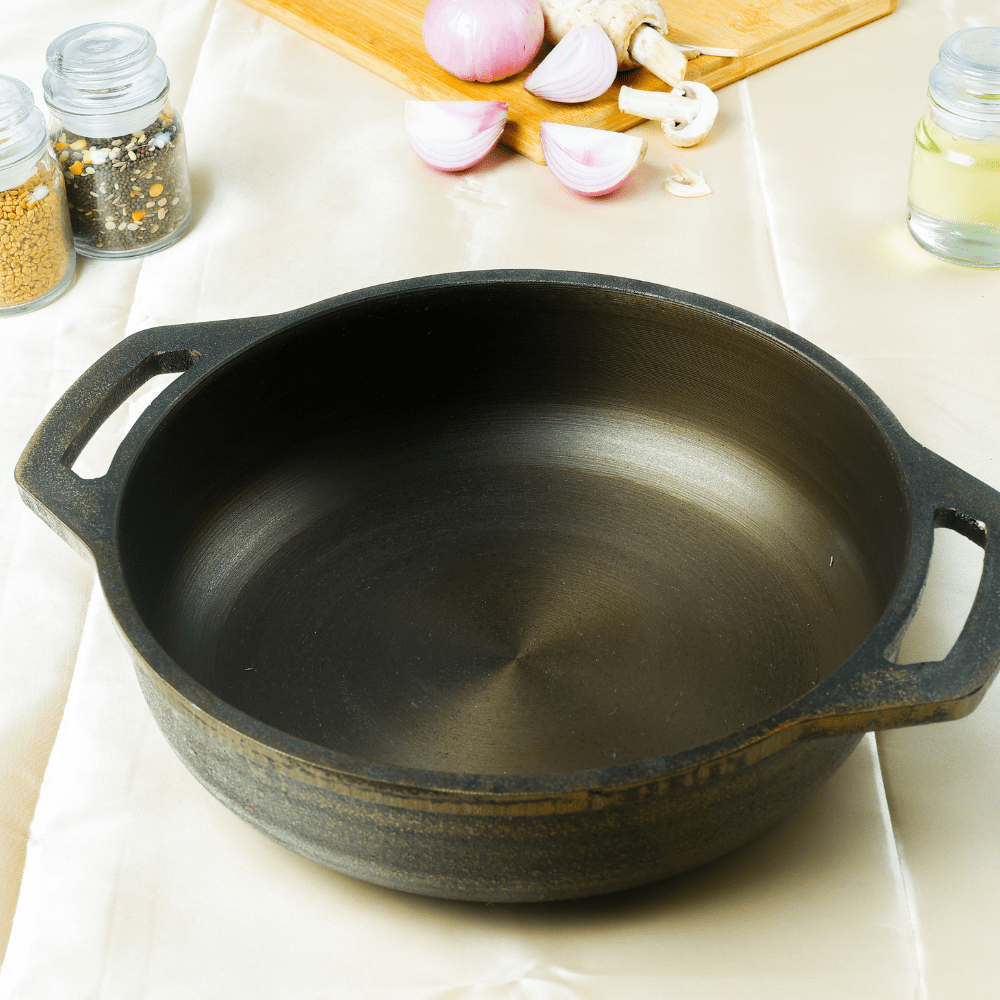 Super Smooth Handmade Cast Iron Flat Bottom Kadai – Cookware on Brown Living™. SKU: CastIron-Flat-Kadai-2700g-packof1. Img 2.