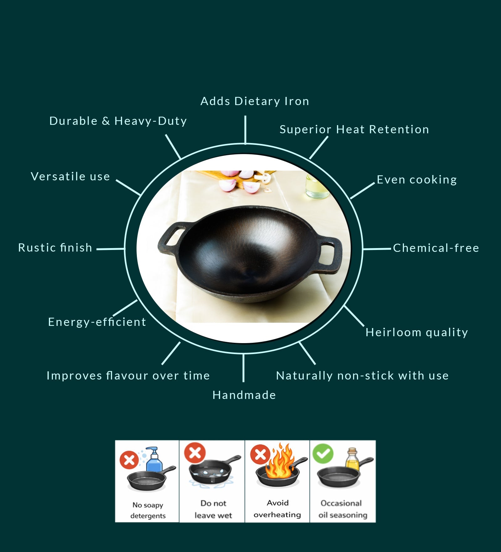 Super Smooth Handmade Cast Iron Kadai (Wok Model) – Cookware on Brown Living™. SKU: CastIron-Kadai-Wok-2200g-packof1. Img 4.
