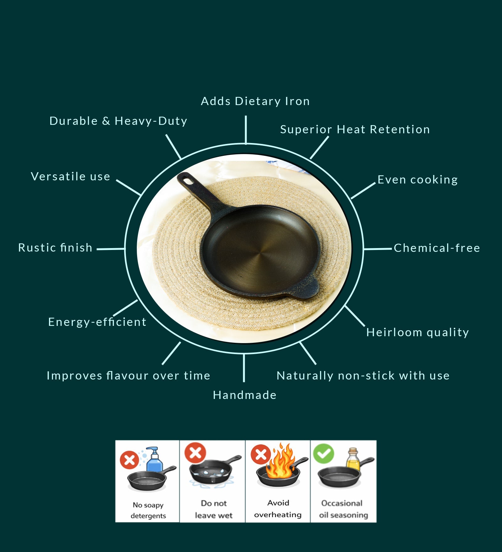 Super Smooth Handmade Cast Iron Omelette Pan – Cookware on Brown Living™. SKU: CastIron-Omelette-pan-1800g-packof1. Img 4.