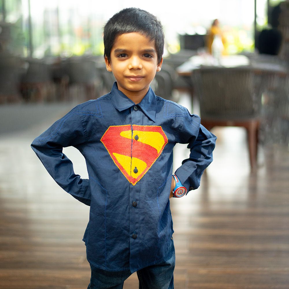 Superhero Chest Icon Embroidered Organic Cotton Shirt - Navy – Kids Shirts on Brown Living™. SKU: NANFS007EMB048 - 18M. Img 6.