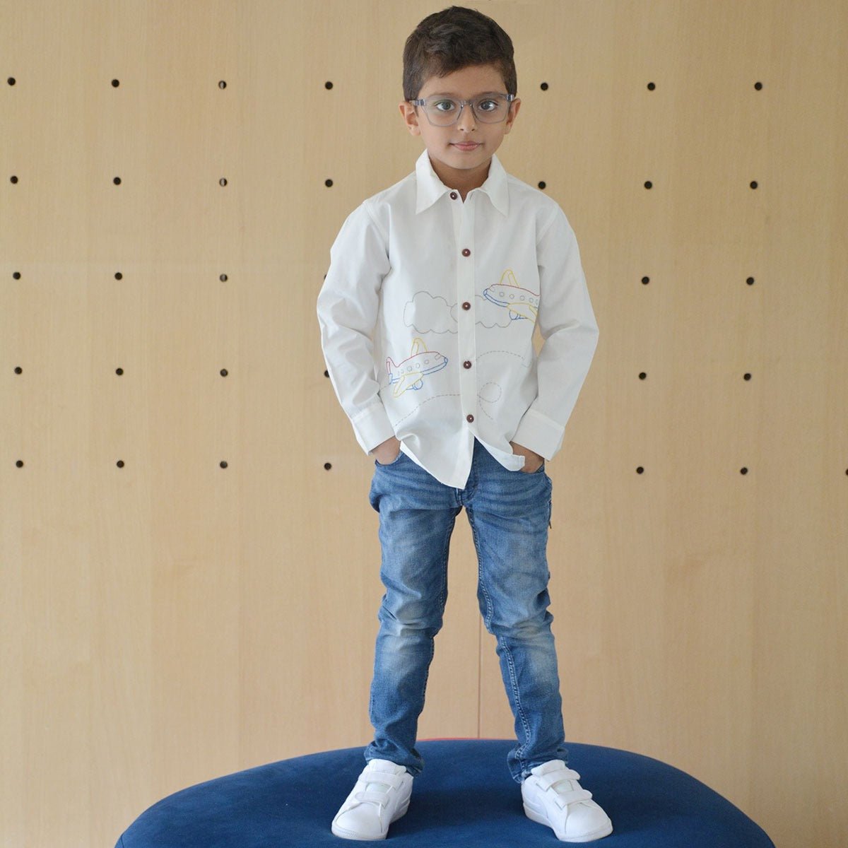 Aeroplane Embroidered Shirt - White | Verified Sustainable by Brown Living™