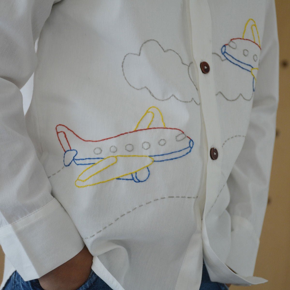 Aeroplane Embroidered Shirt - White | Verified Sustainable by Brown Living™