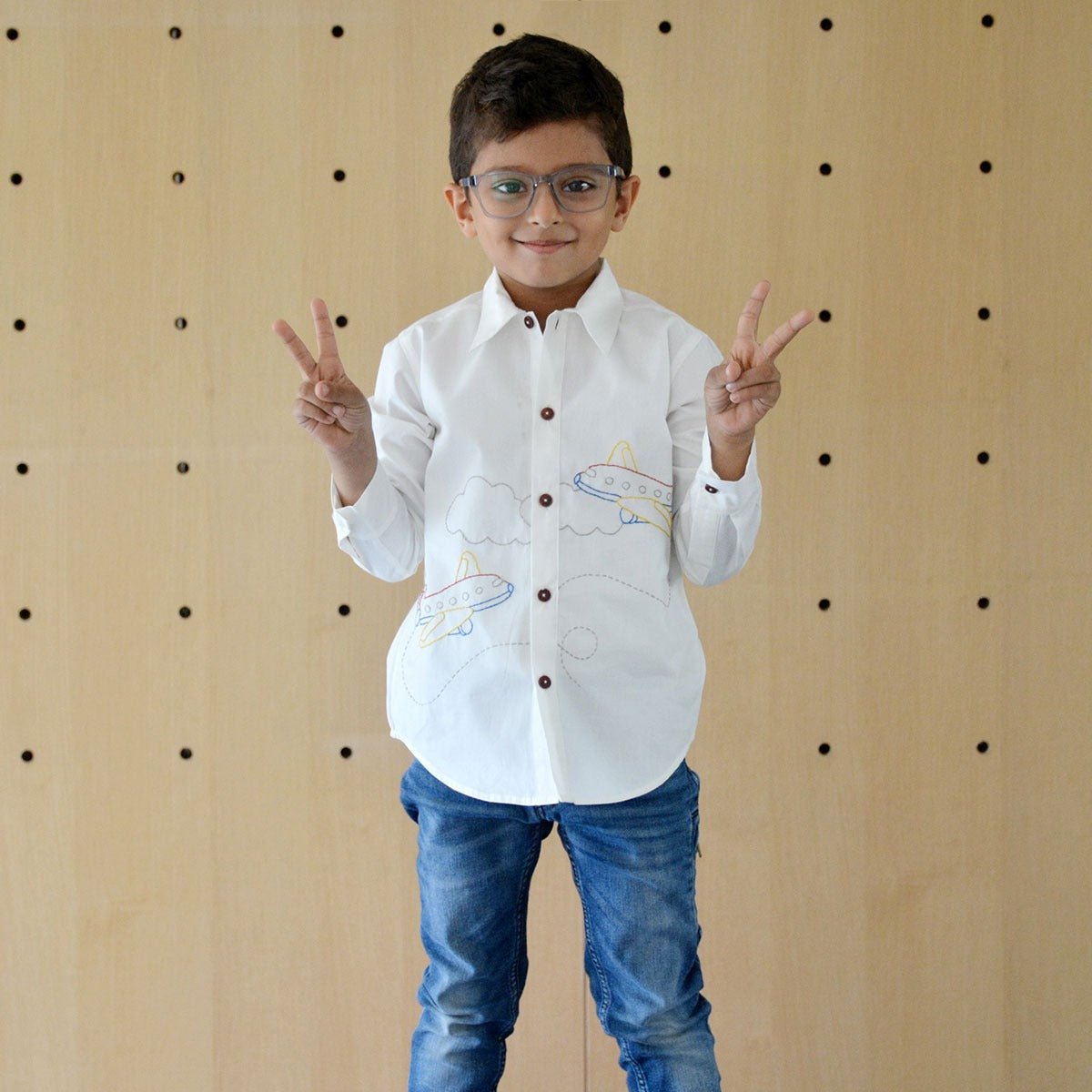 Aeroplane Embroidered Shirt - White | Verified Sustainable by Brown Living™