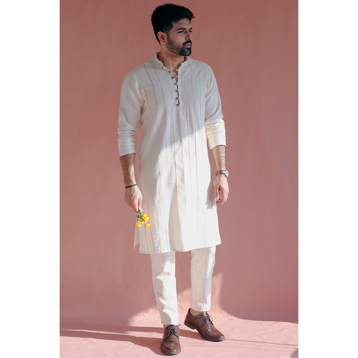 Aralinn Handwoven Khadi Kurta - Chinese Collar, Back Waist Elastic – Mens Kurta on Brown Living™. SKU: DL0148XS. Img 1.