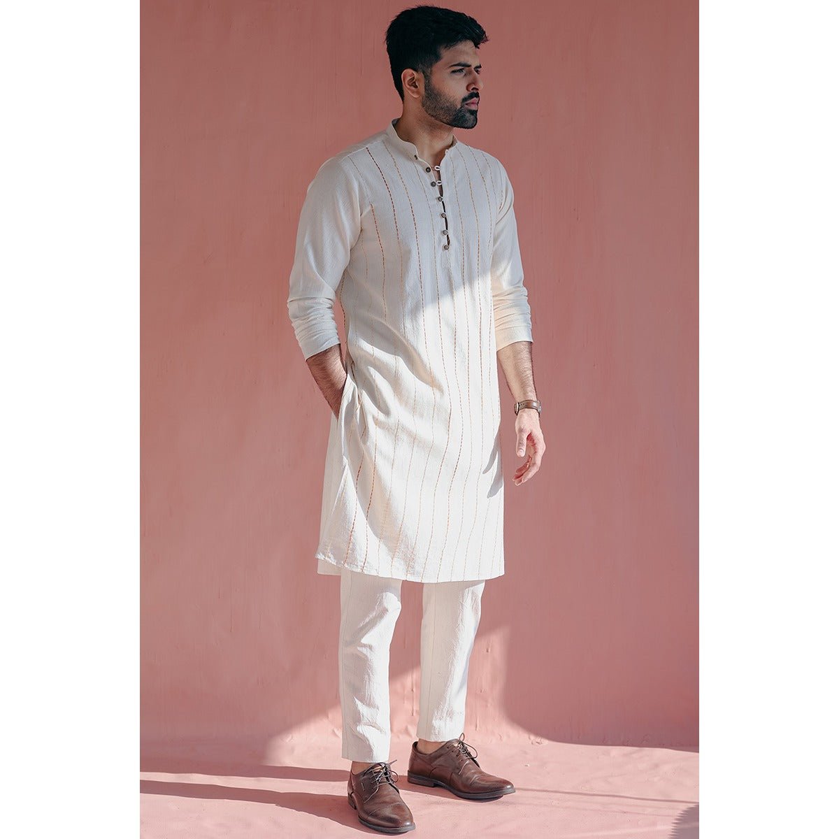 Aralinn Handwoven Khadi Kurta - Chinese Collar, Back Waist Elastic – Mens Kurta on Brown Living™. SKU: DL0148XS. Img 4.